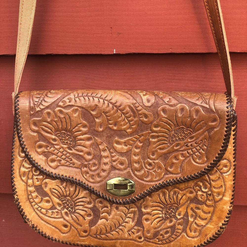 Tooled Leather Floral Crossbody Bag - Brown